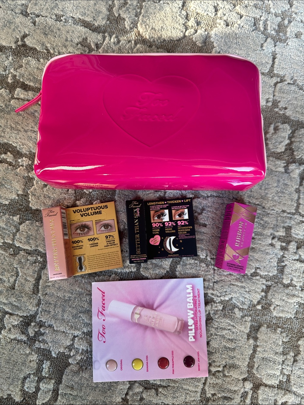 Too faced makeup bag with travel sized makeup